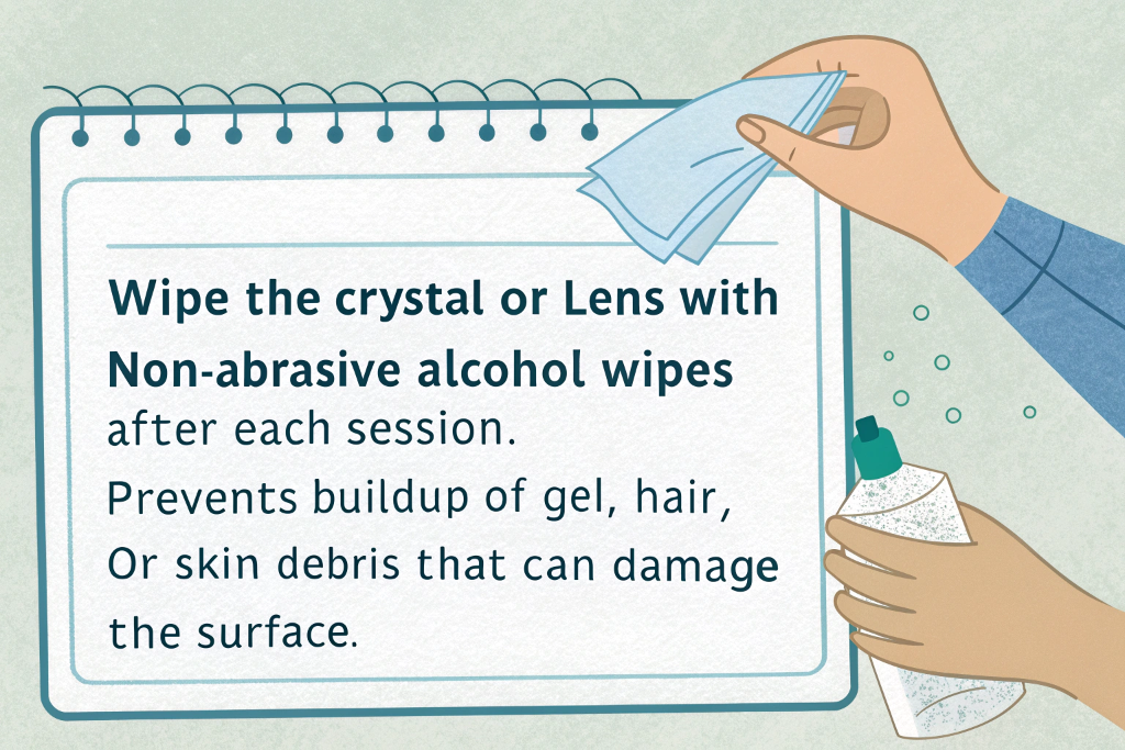 Instruction on cleaning beauty machine lens with alcohol wipes after each session