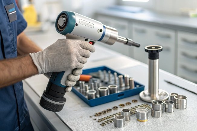 Técnico utilizando una herramienta industrial portátil con componentes metálicos sobre una mesa