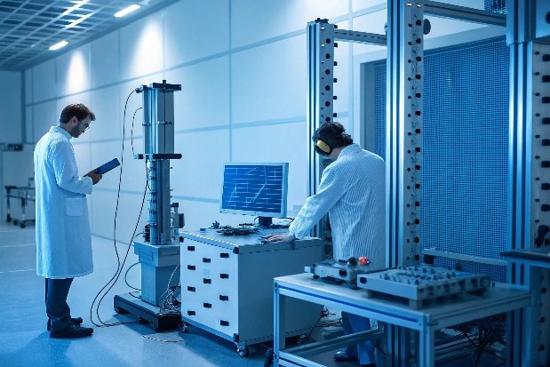 Engineers testing medical device compliance in laboratory