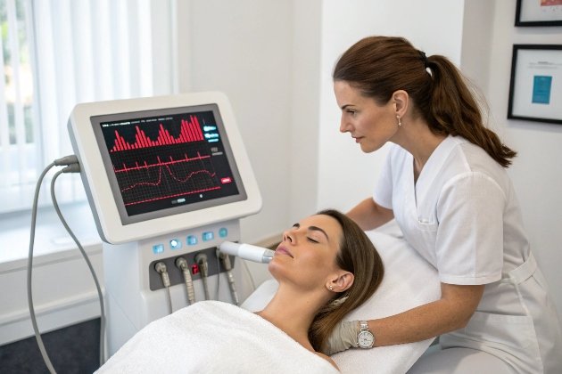 Esteticista realizando tratamiento de terapia de ondas de choque en cliente femenina