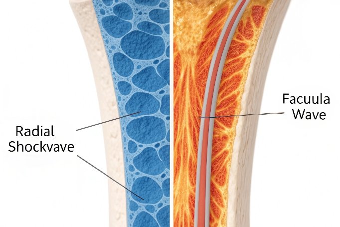 Medical illustration comparing radial shockwave and facuula wave therapy (ID#2)