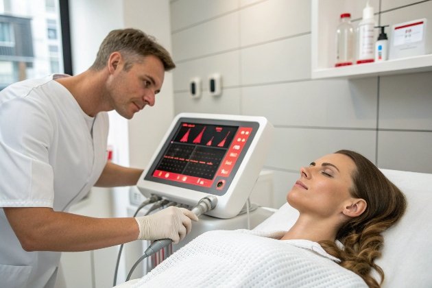 Profesional masculino usando máquina de terapia de ondas de choque en paciente