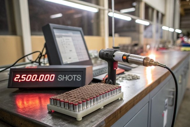 Prueba de durabilidad de herramientas industriales con un contador que muestra 2.500.000 disparos