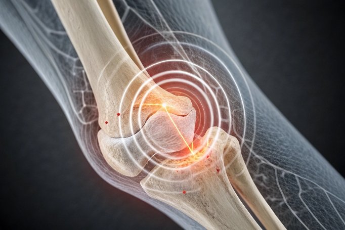 Ilustración 3D de dolor en la articulación de la rodilla (ID#3)