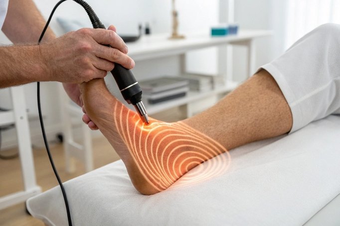 Shockwave therapy applied on patient’s foot for pain relief (ID#3)