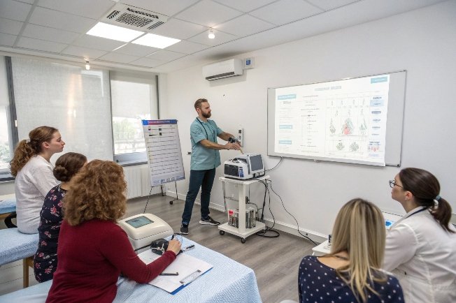 Sesión de entrenamiento médico con un médico explicando el equipo a un grupo