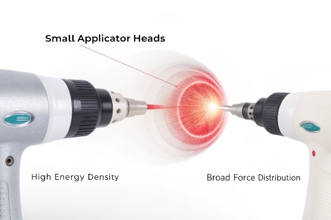 Primer plano de un aplicador de terapia de ondas de choque de mano con luz láser