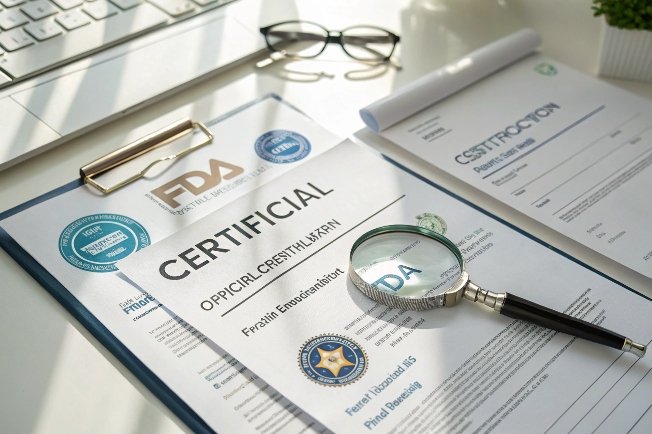 Documentos de certificación de la FDA con lupa sobre el escritorio
