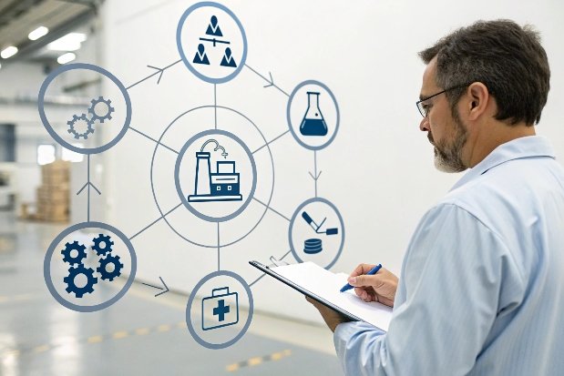 Quality control manager reviewing medical manufacturing process