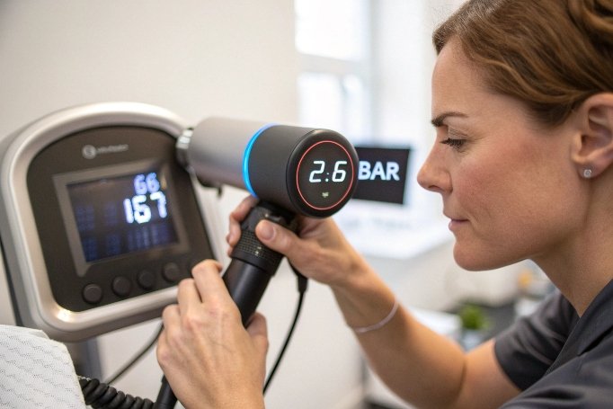 Técnico ajustando moderno dispositivo de terapia (ID#5)