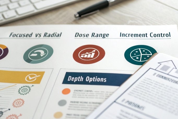 Material de selección de máquina de terapia de ondas de choque con rango de dosis y opciones de profundidad