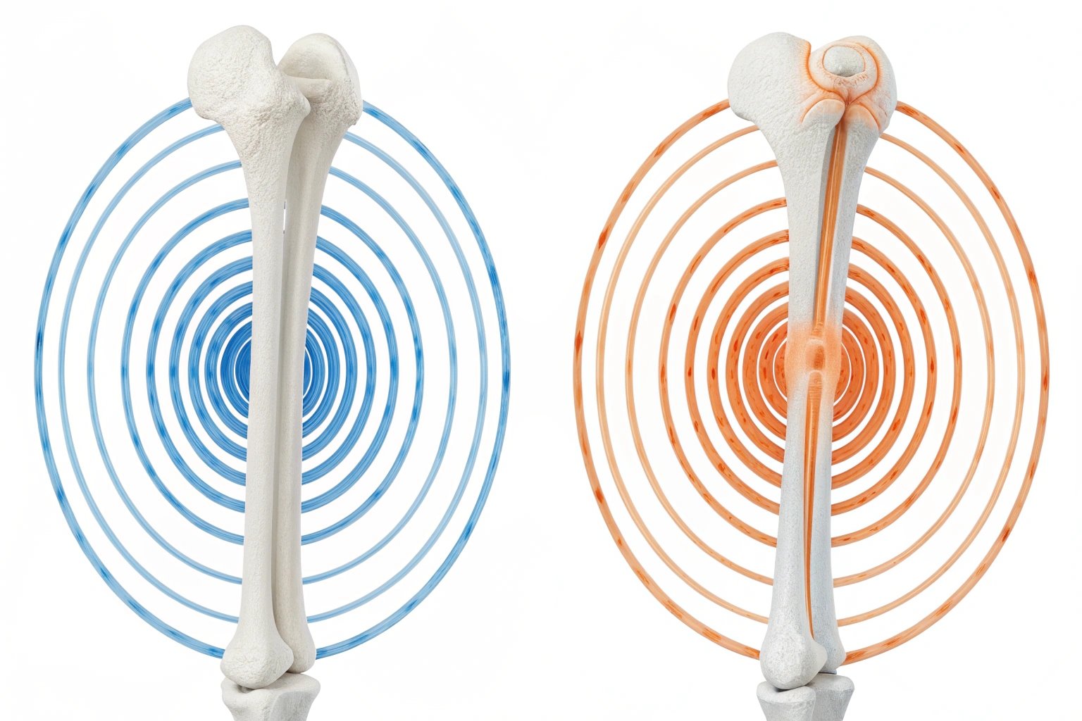 Ilustración 3D de huesos de fémur con círculos concéntricos azules y rojos