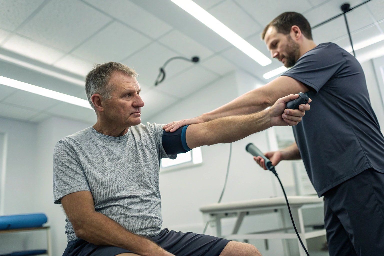 Fisioterapeuta ayudando a un anciano con ejercicio de rehabilitación de hombro
