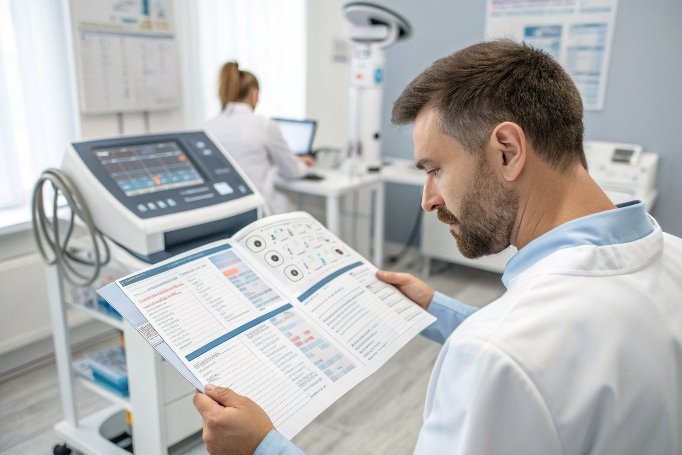 El técnico revisa las especificaciones cerca del dispositivo estético en la clínica (ID#1)