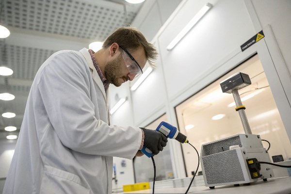 Lab engineer tests shockwave device inside cleanroom environment (ID#1)