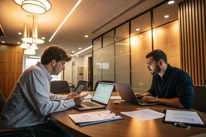 Deux hommes d'affaires discutant d'un projet sur des ordinateurs portables (ID#2)