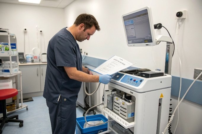 Técnico lee manual junto a máquina de diagnóstico en clínica (ID#2)