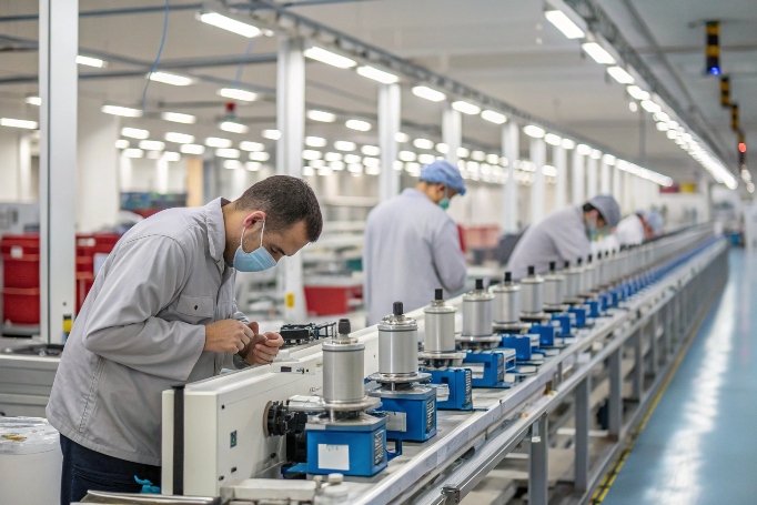 فنيون يقومون بتجميع مكونات دقيقة في المصنع (ID#2)