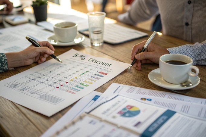 Manos revisando documentos de estrategia de precios de descuento (ID#2)