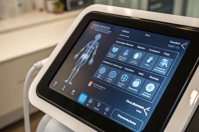 Interfaz de pantalla táctil que muestra modos de terapia y zonas del cuerpo (ID#2)