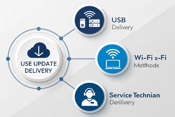 Infographie montrant les méthodes de livraison de mise à jour par USB, Wi-Fi et technicien (ID#2)
