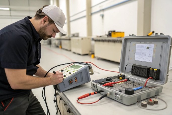 مهندس يختبر جهازًا إلكترونيًا باستخدام مجموعة معايرة (ID#2)