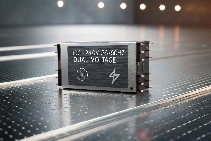 Black dual-voltage module on metallic surface (ID#3)