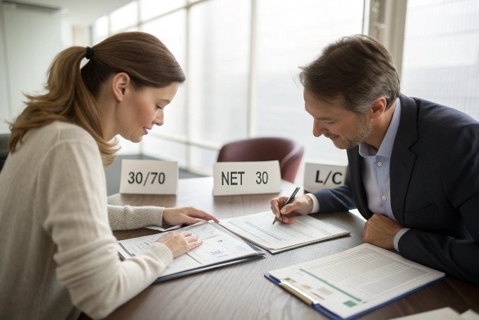 Socios comerciales negociando términos de pago en un escritorio de oficina (ID#3)