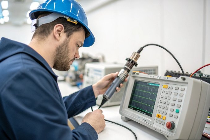 فني يتحقق من خرج إشارة قطعة اليد باستخدام راسم الذبذبات (ID#3)