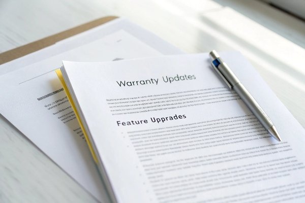 Documents de garantie et de mise à niveau des fonctionnalités avec un stylo sur un bureau (ID#3)