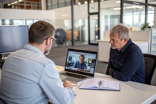 Dos hombres en reunión mientras realizan videoconferencia con proveedor (ID#3)