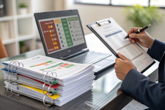 Quality control manager auditing compliance reports on laptop (ID#3)