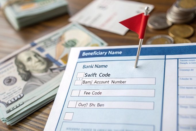 نموذج تحويل بنكي مع نقود وعملات على المكتب (ID#3)