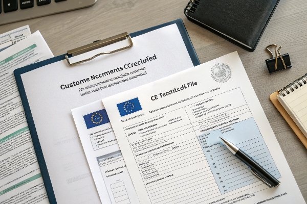 CE technical documentation and EU compliance forms on clipboard (ID#3)