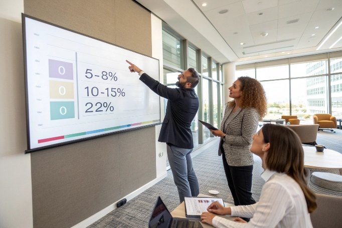 فريق يحلل نسب نمو المبيعات في اجتماع (ID#3)