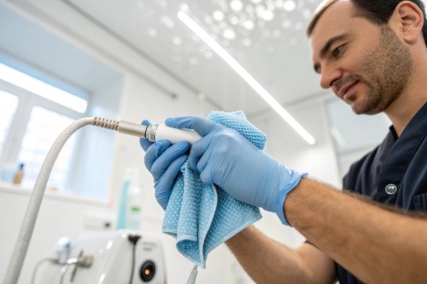 Technician cleans handpiece with blue cloth and gloves (ID#3)