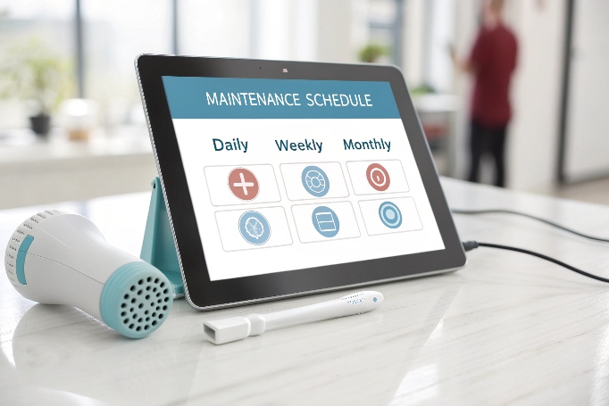 Tablet mit Wartungsplan für Schönheitsgeräte neben einem Handgerät (ID#4)