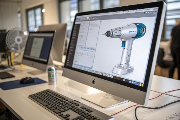 عرض ثلاثي الأبعاد لمسدس الموجة الصدمية معروض على جهاز iMac في مكتب التصميم (ID#4)