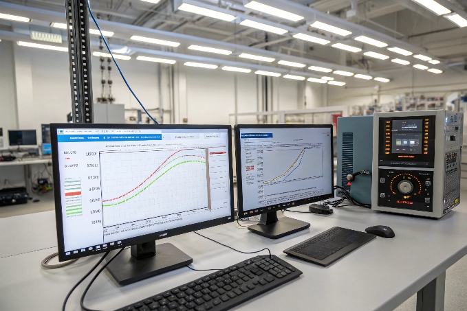 Configuration à double écran analysant les courbes de performance de la machine en laboratoire (ID#4)