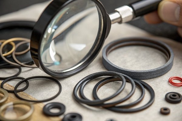 Magnifying glass inspects rubber seals and O-rings for quality (ID#4)