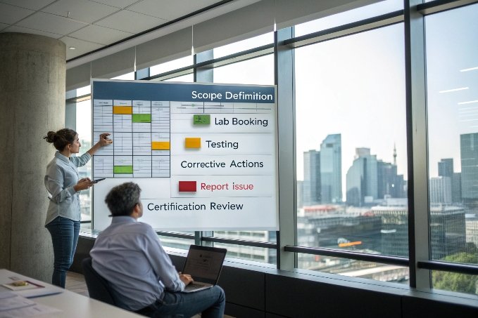 Team reviewing lab testing and certification schedule (ID#4)