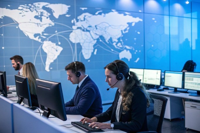 Agentes de centro de llamadas asisten a clientes globales en sala de control (ID#4)