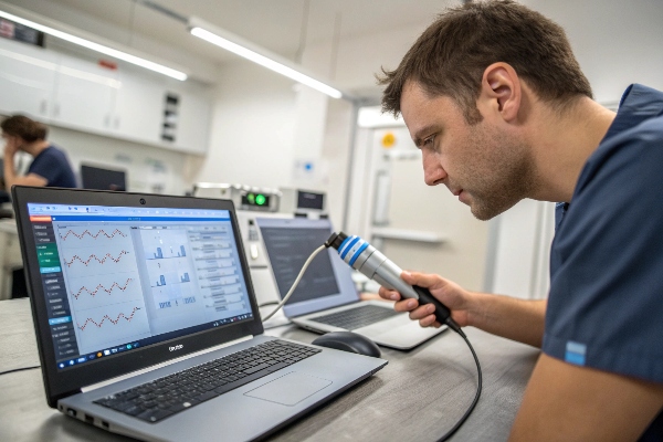 Techniker führt Software-Diagnose durch und hält das Handstück neben den Laptop (ID#4)