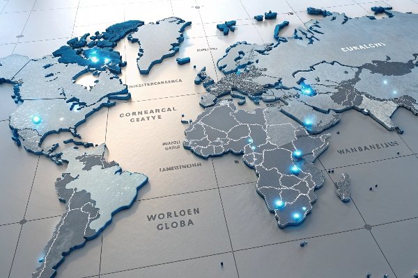 Mapa global renderizado en 3D con zonas comerciales y ciudades resaltadas (ID#4)