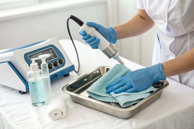 Techniker reinigt Handstück eines Schönheitsgeräts mit Desinfektionsmittel und Handtuch (ID#5)