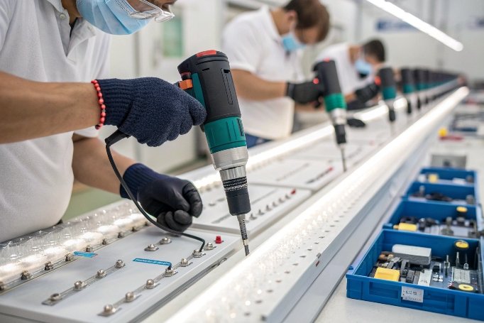 Técnicos ensamblando piezas de máquinas de belleza en fábrica (ID#5)