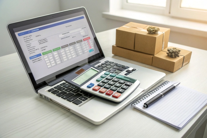Portátil con calculadora mostrando la estimación del costo del pedido (ID#5)