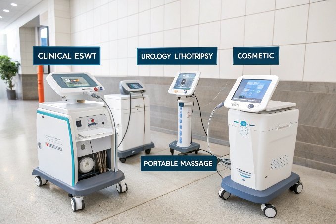 Lineup of medical shockwave machines with labeled purposes (ID#5)