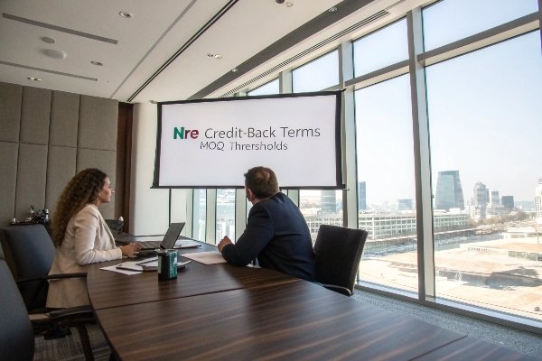 يناقش مسؤولان تنفيذيان الحد الأدنى لكمية الطلب وشروط الخصم خلال عرض تقديمي (ID#5)