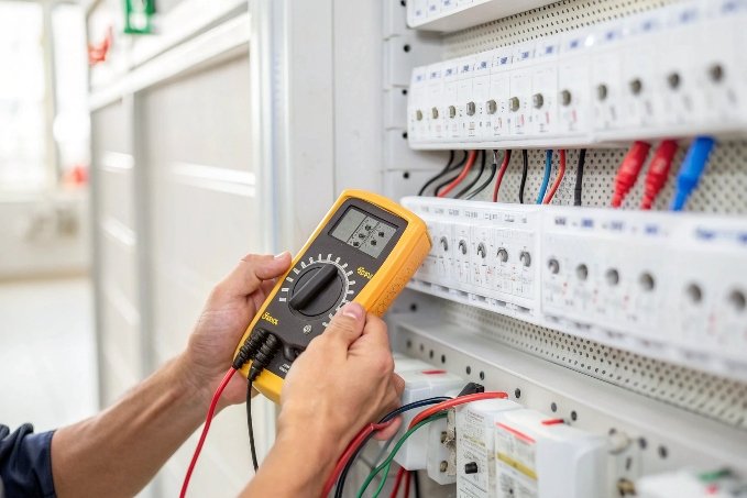 Техник использует вольтметр для проверки проводки электрического щитка (ID#5)